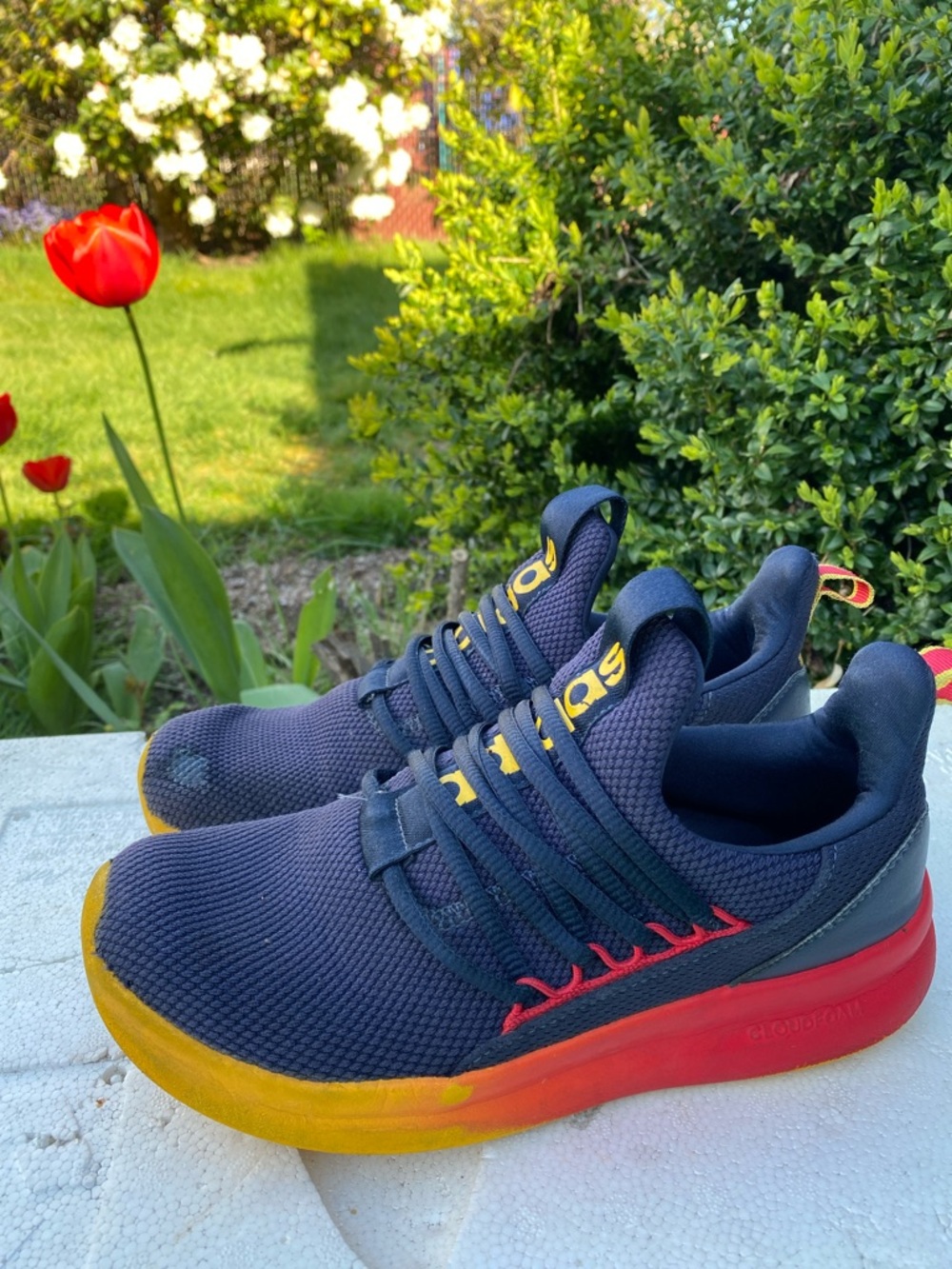 Adidas Men’s Navy Athletic Sneakers with Yellow & Red Accent Size 6